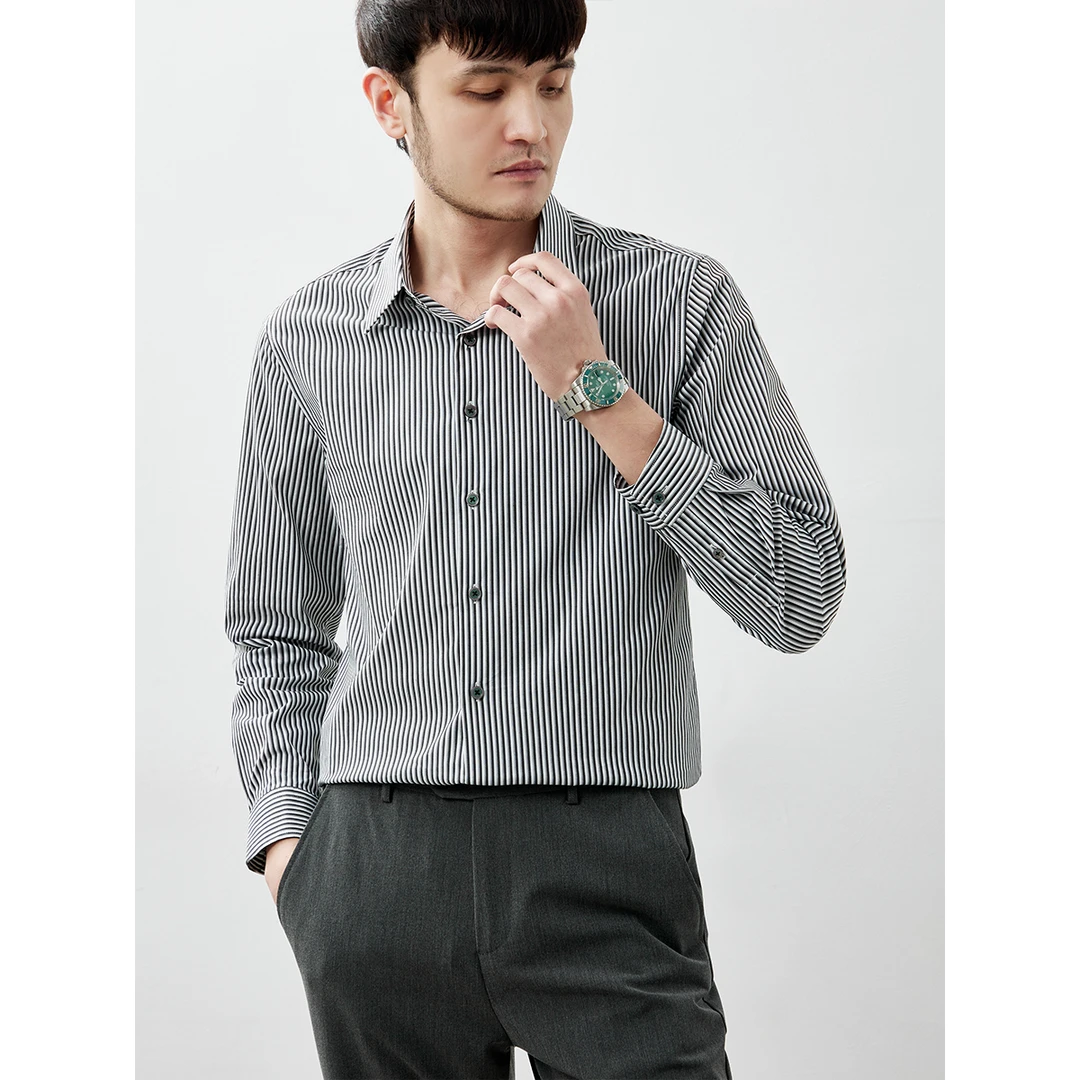 衬衫男士商务男装衬衣长袖休闲潮流条纹时尚复古翻领上衣男 33109