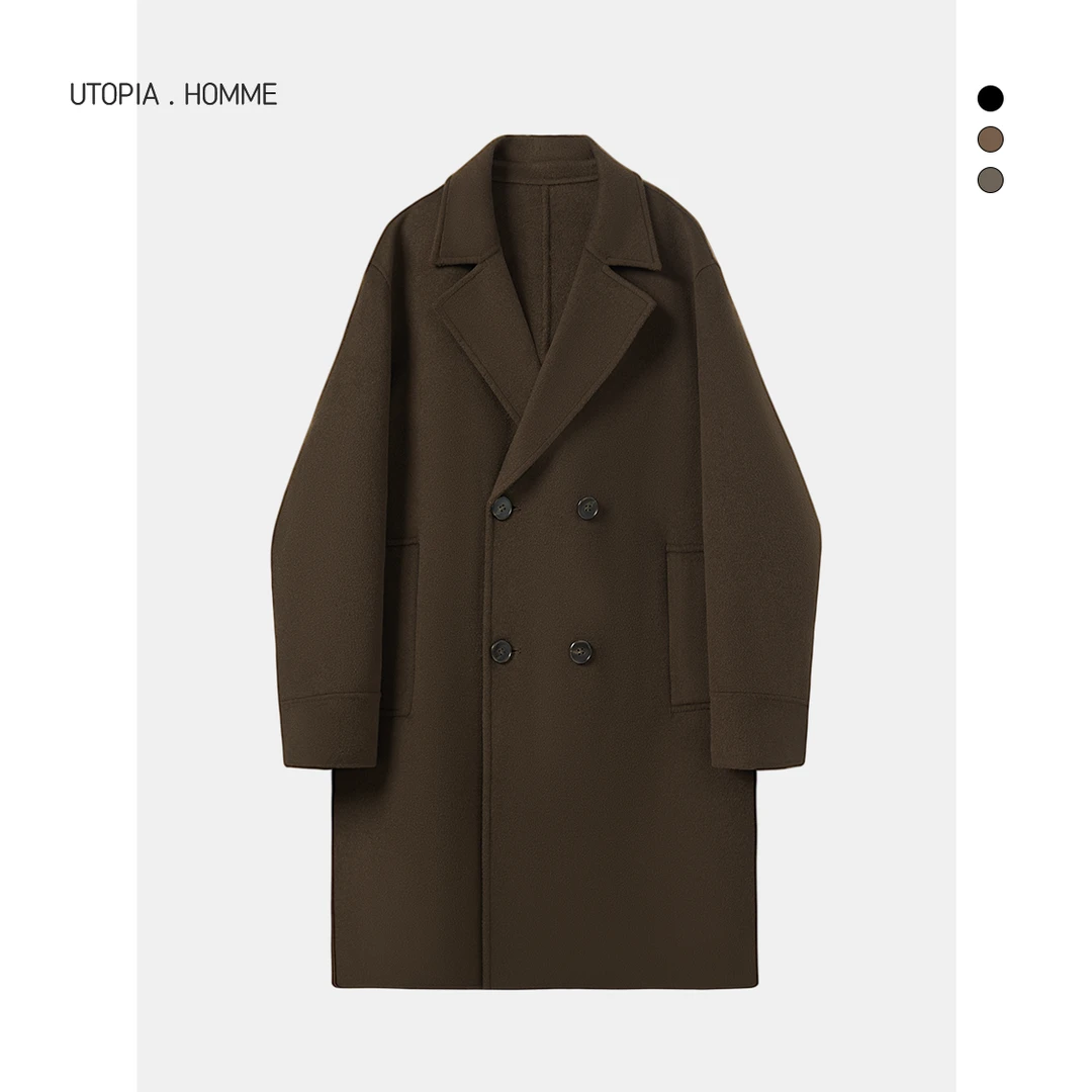 冬季韩系中长款宽松双排扣风衣外套男士新款双面绵羊毛大衣男Y681