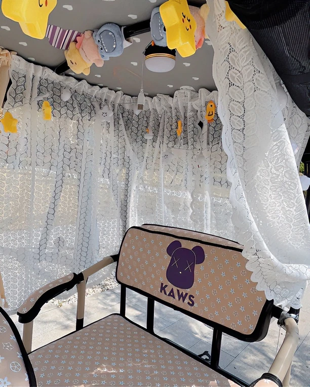 【三轮车遮阳防晒蕾丝帘】魔术贴款装饰帘自粘免打孔纯色纱帘短帘