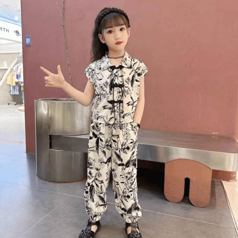 2024年新款套装童装碎花女童洋气时尚休闲夏季复古连体网红印花