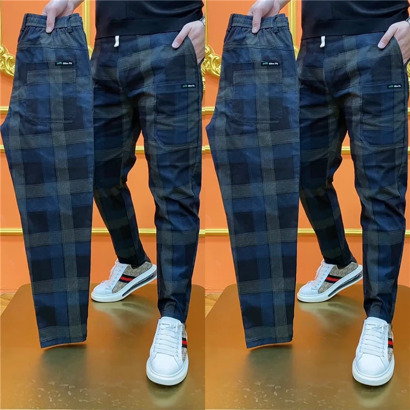 休闲裤男士秋季爆款潮流修身小脚裤子时尚格子拼色百搭弹力长裤男