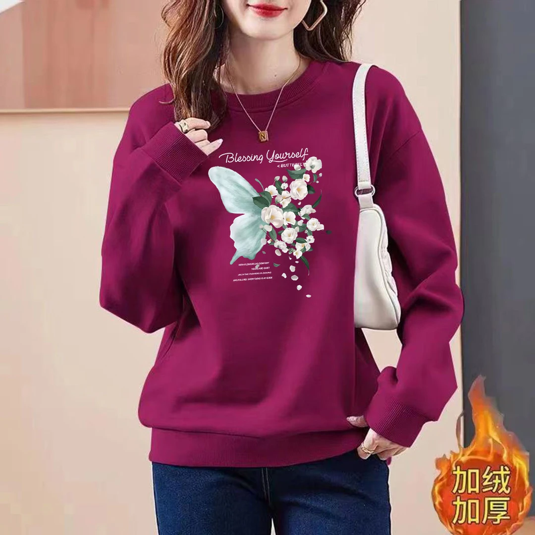 加绒/不加绒韩版印花洋气外套女春秋冬新款设计感遮肚子显瘦卫衣