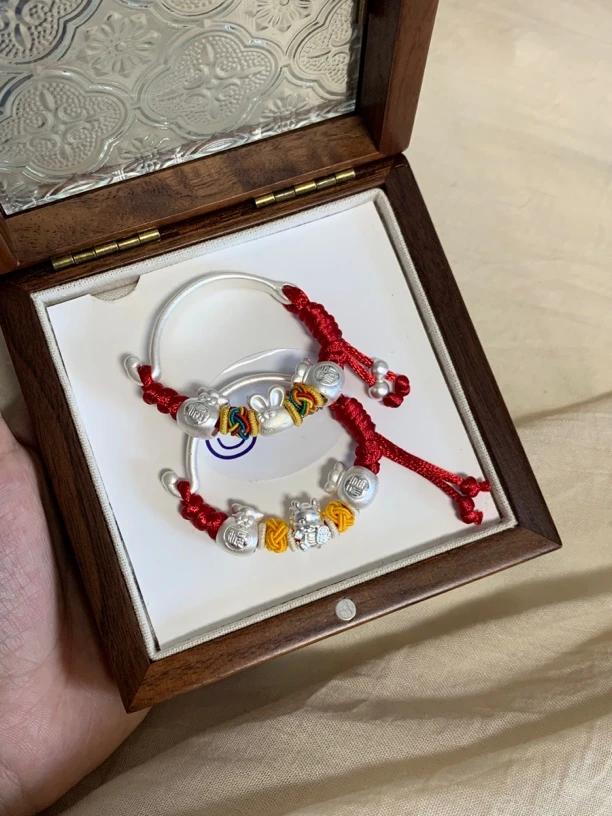 足银手链 足银手链福气满满生肖兔龙宝宝周岁手工编绳送满月礼