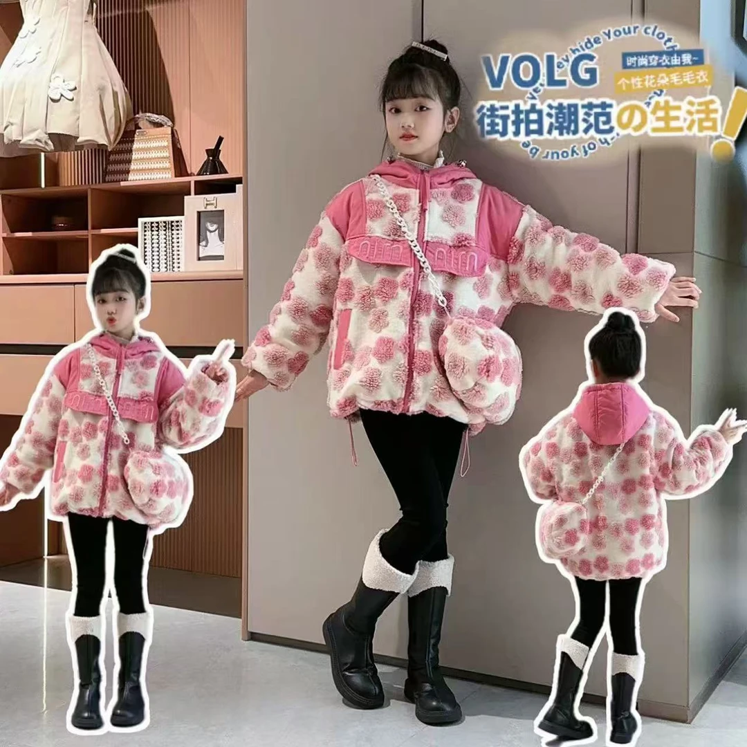 女童2024冬季新款韩版加绒外套儿童加厚花朵上衣女孩连帽保暖棉衣