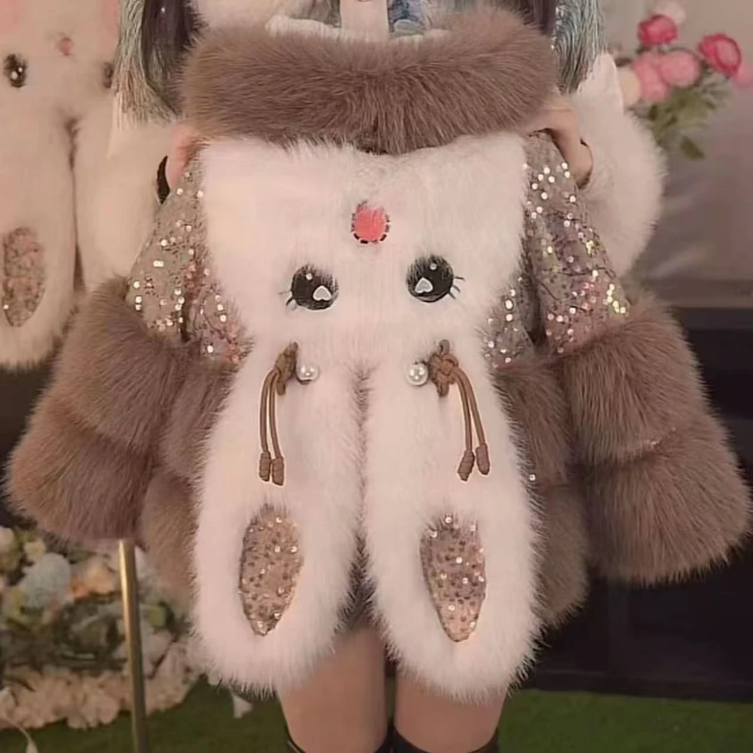 （年货过冬）女童冬季仿皮草外套加厚2026新款洋气亮片卡通毛毛衣