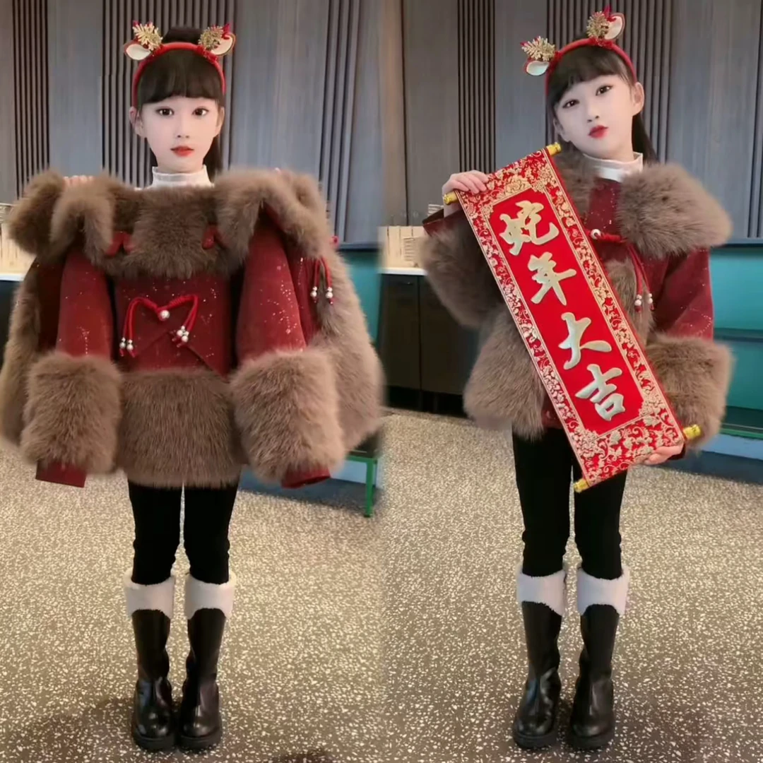 女童仿皮草加厚冬季外套2024红色新款网红秋冬儿童加绒棉衣派克服
