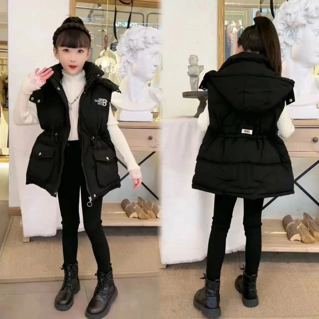 女童收腰连帽马甲秋冬2025新款中大童韩版宽松中长款工装马夹坎肩