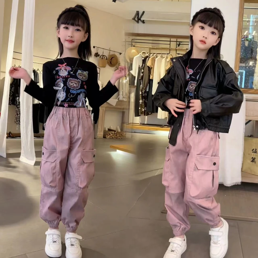 女童秋装套装2024新款儿童洋气打底衫中大童时髦宽松工装裤两件套