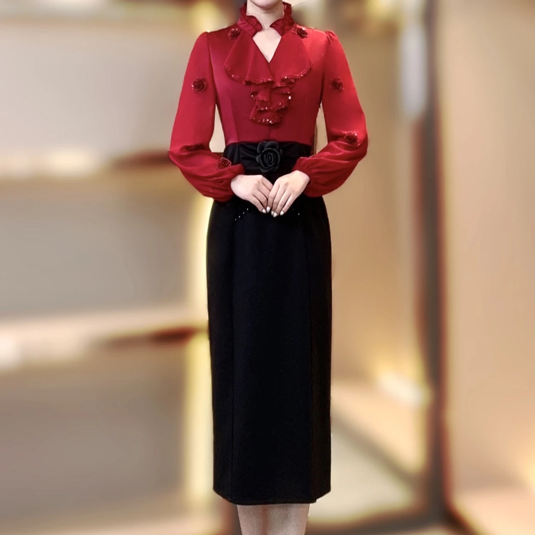 【香舍菲尔】83133春天新款立体刺绣亮片时尚拼接显瘦气质连衣裙