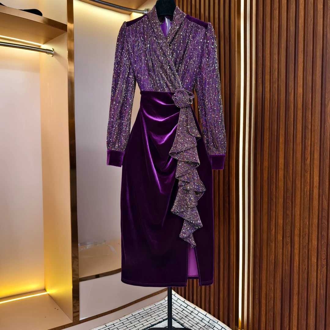 2024秋冬新款气质定制星空彩轻奢高定紫色优雅连衣裙-85563