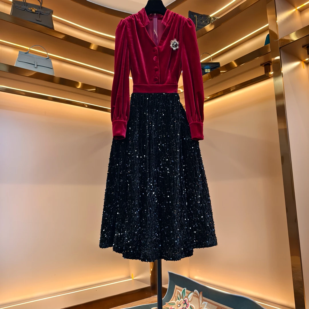 长袖国风连衣裙高级感小香风收腰显瘦蕾丝连衣裙气质-82888梨