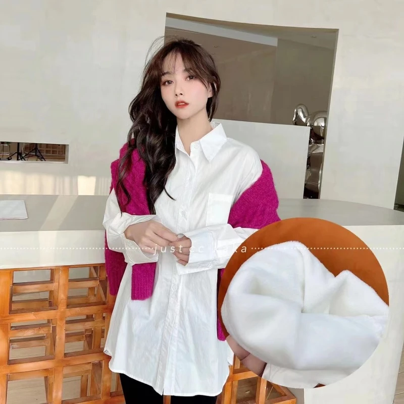 卡卡同款百搭韩系百搭加绒男友衬衫气质女