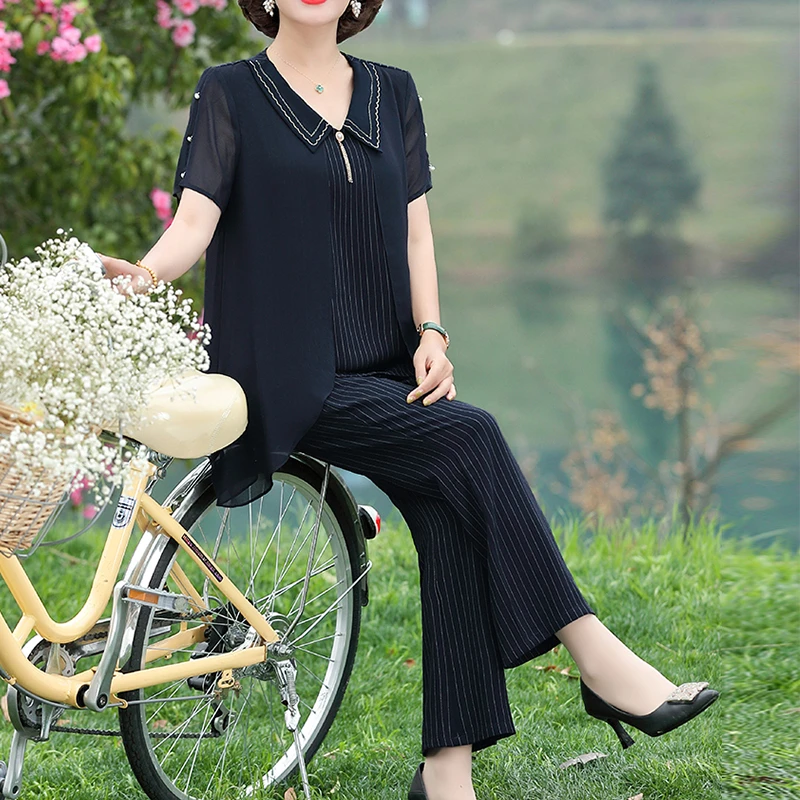 中年妈妈夏装新款时尚套装高贵阔太太洋气减龄女装上衣雪纺两件套