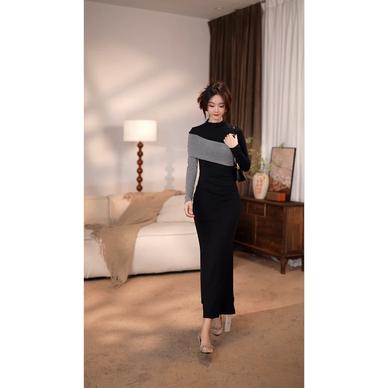 【奕之】黑白琴键秋季新款高级显瘦鱼尾连衣裙-YL11119