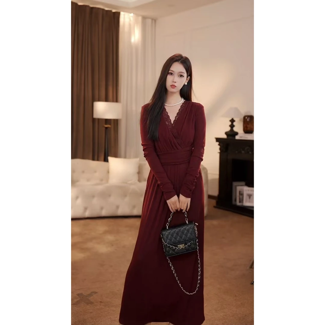 【安安】缪斯之语 秋冬法式新款收腰显瘦优雅高级气质连衣裙-ZX746