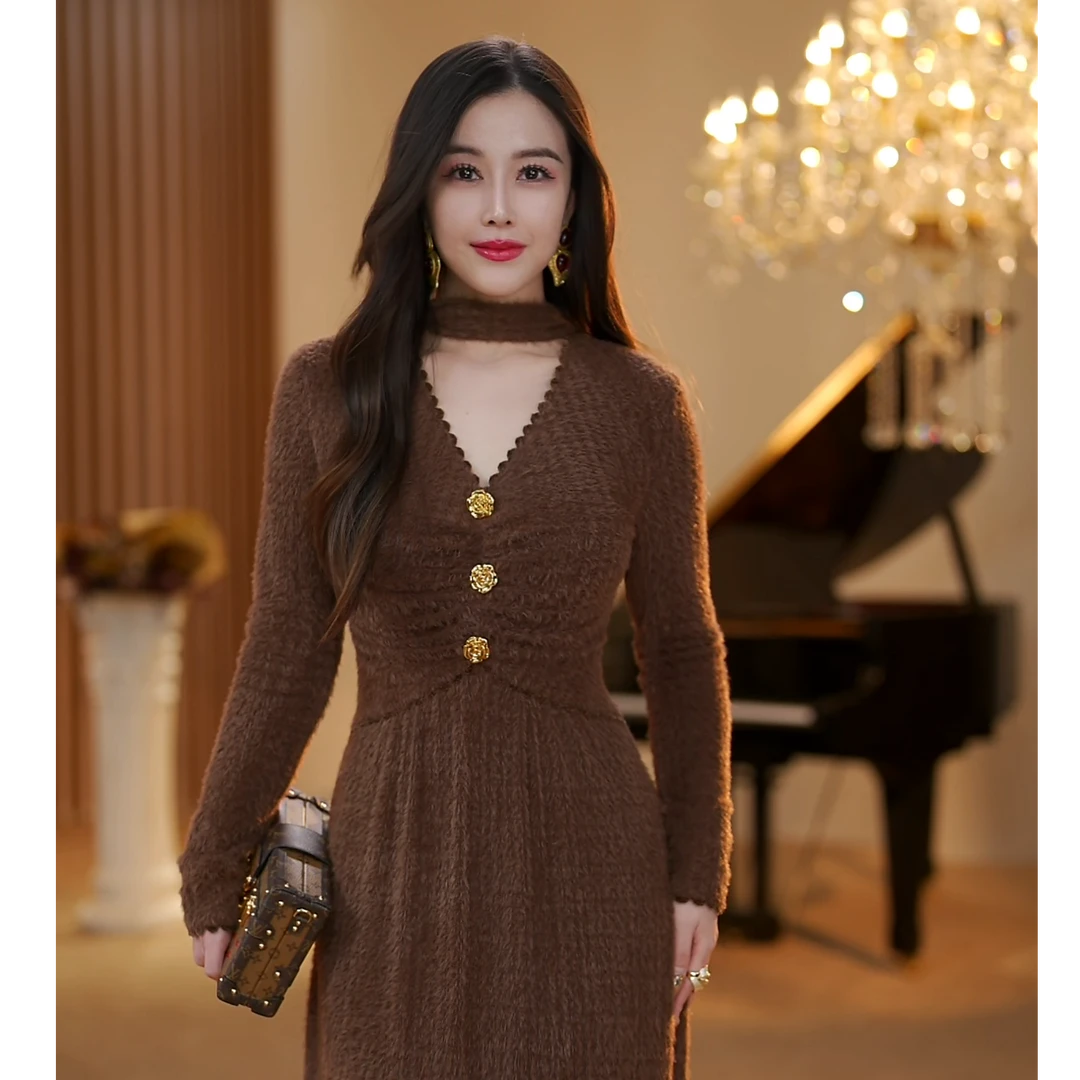 【JOSIE定制】莫达芙妮 冬季气质新品高级感收腰优雅连衣裙-YL20053