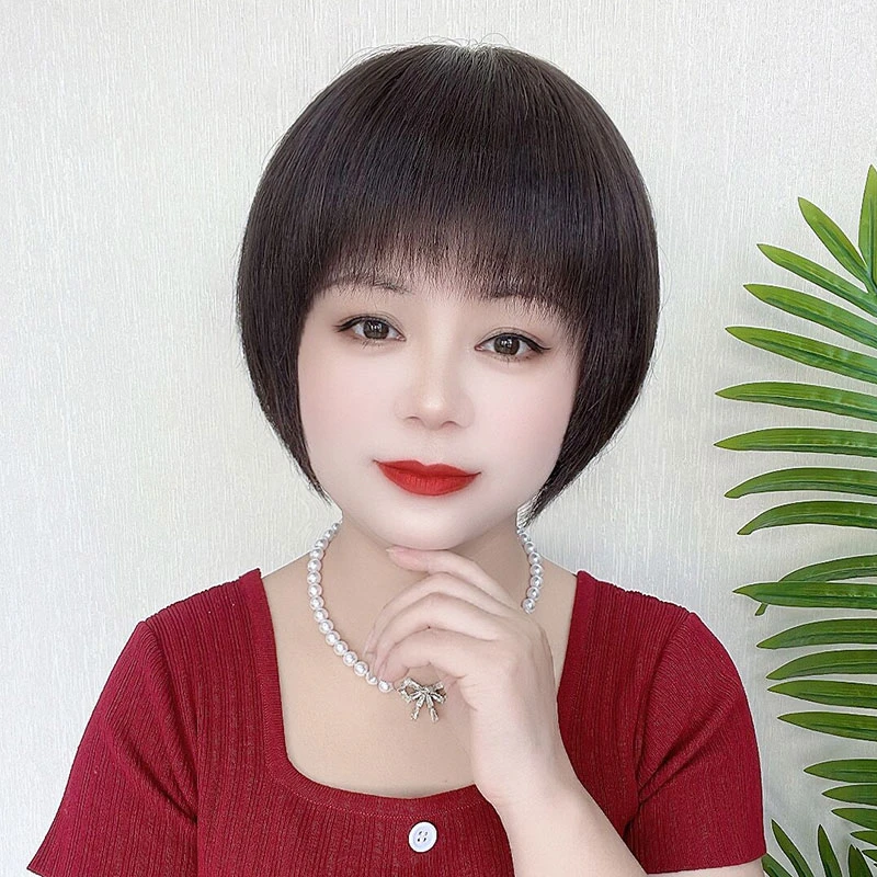 【真人发丝】假发套女短发齐碎刘海波波头修脸女士中老年时尚妈妈发