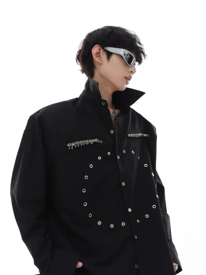 PI-C027小众金属拉链设计感垫肩衬衫男简约高级长袖衬衣宽松男装