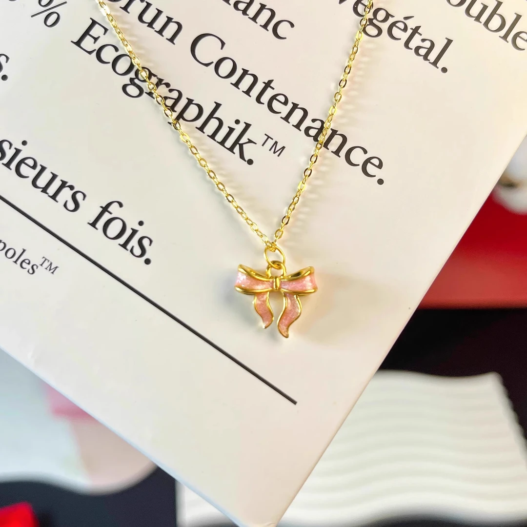 足金999珐琅粉色蝴蝶结吊坠挂坠黄金项链送女友闺蜜生日节日礼物