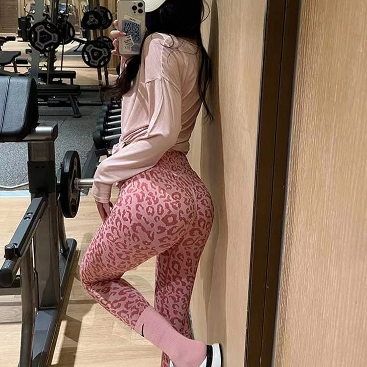 058豹纹长裤运动瑜伽健身女高弹速干打底裤蜜桃提臀