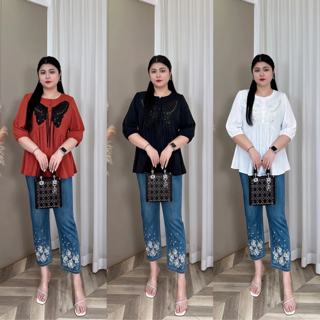 【现货仅衬衣】PMM81270 夏季洋气时尚显瘦拼接亮片蝴蝶休闲衬衣