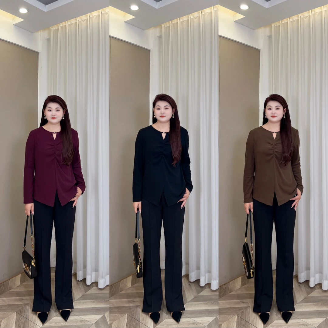 【仅上衣】PMM81505秋季新款简约百搭显瘦收腰休闲长袖T恤