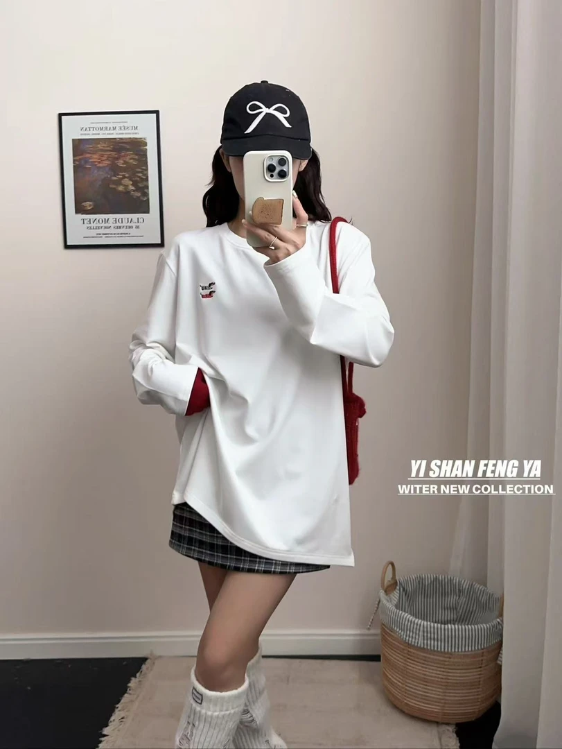 6767女款圆领休闲百搭时尚舒适拉毛白T恤