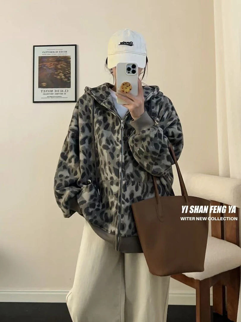 7006加绒豹纹时尚休闲帽卫衣开衫外套