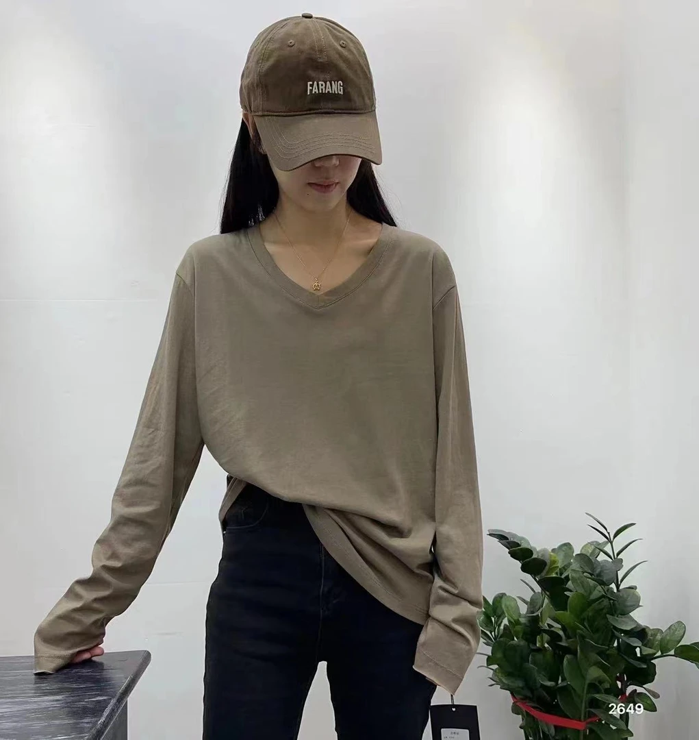 2649女款纯色V领时尚休闲百搭长袖T恤