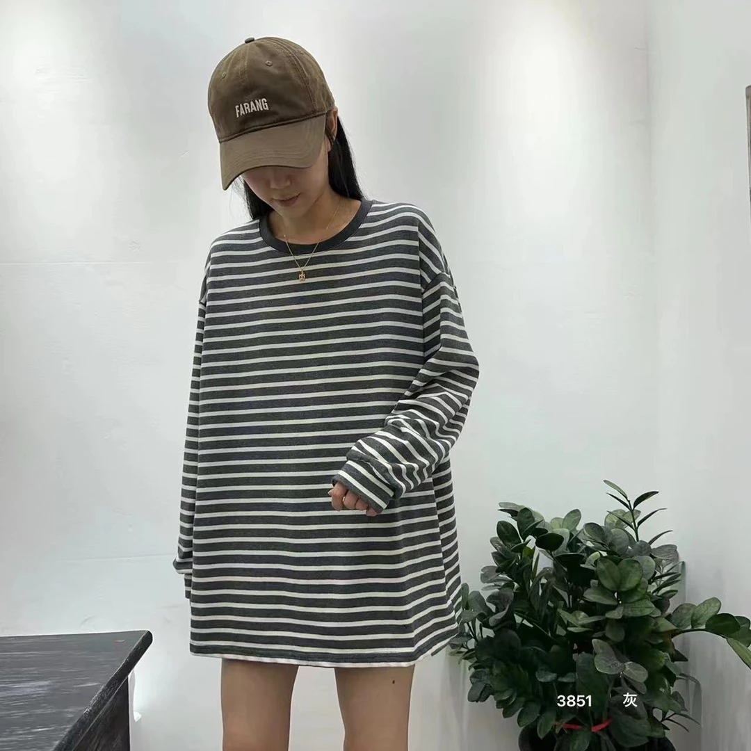 3851女款圆领条纹时尚休闲百搭长袖T恤