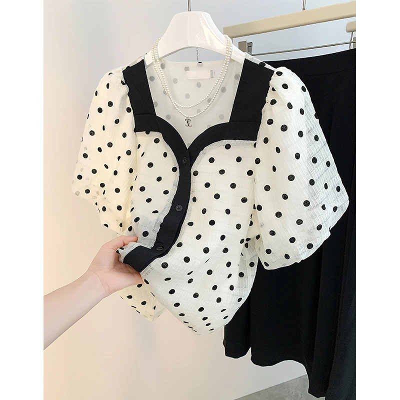 短袖雪纺衫女2025秋季新款宽松时尚漂亮短款别致线斑点冰丝上衣