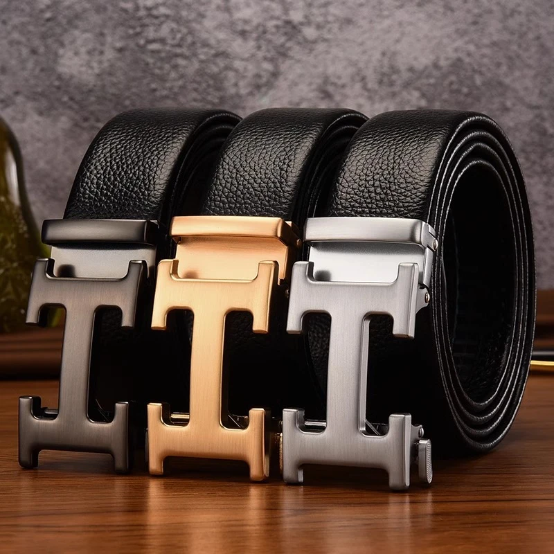 男士皮带工字母自动扣轻奢休闲二层牛皮中青年商务腰带潮流裤腰带