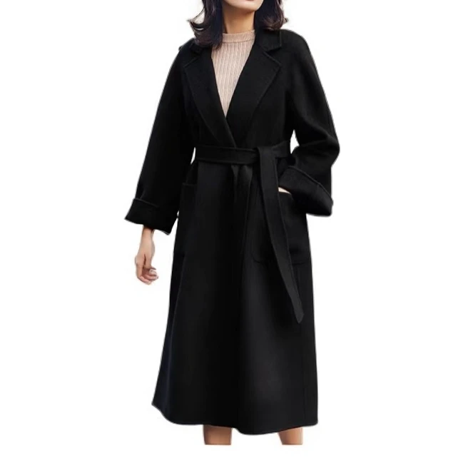 K22时尚秋冬翻领女士气质网红黑格驼格两色双面羊毛系带大衣外套