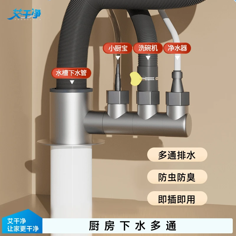 艾干净厨房下水三通防臭神器净水器前置过滤器二合一防溢防臭排水