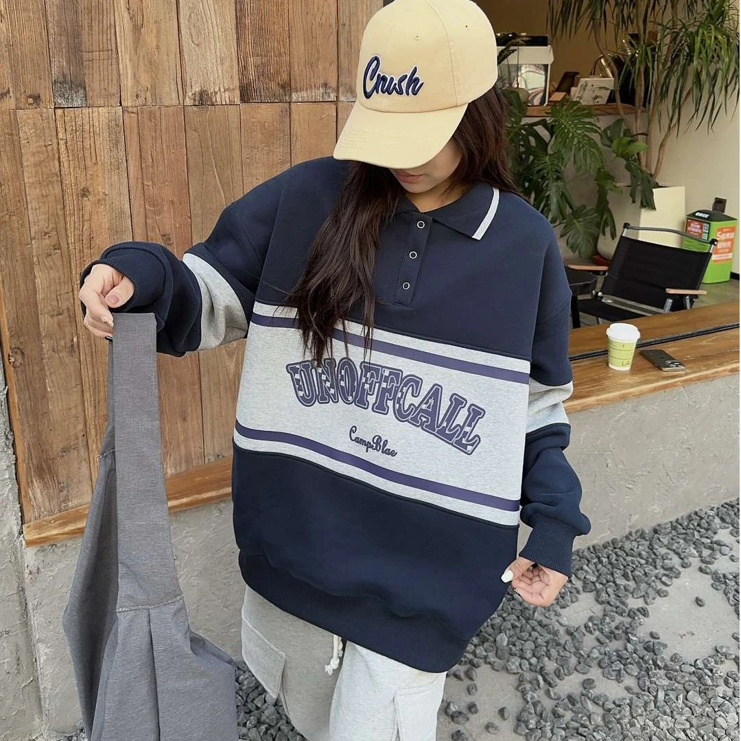 81035翻领加绒卫衣女士冬款印花欧美