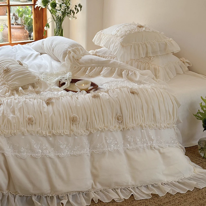 【飘】花田集-冬季法式牛奶绒床单四件套浪漫蕾丝荷叶边工艺被套