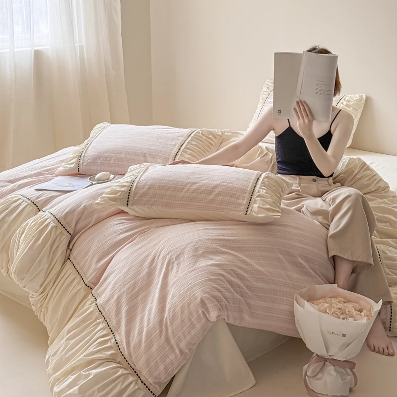 【玛】新品小香风纯棉色织小提花床单四件套--花漾系列四季可用