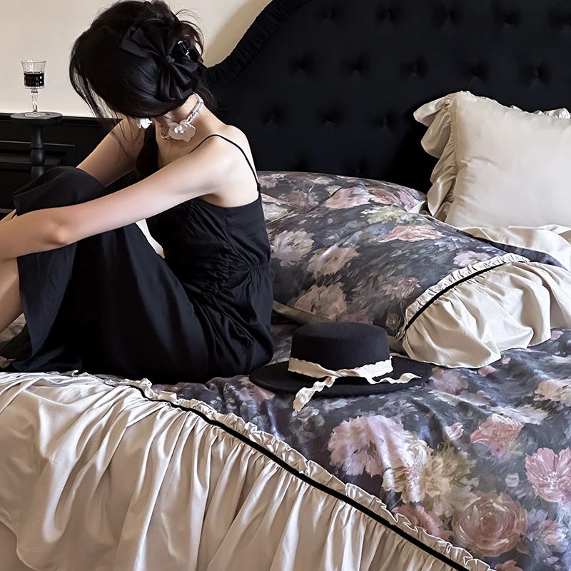 【宸】置身花海全棉法式复古磨毛数码印花四件套纯棉床单四季被套