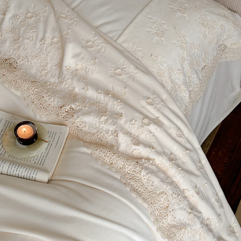【青】秋冬公主风法式蕾丝立体刺绣花边婴肤绒床单四件套-秘密花园