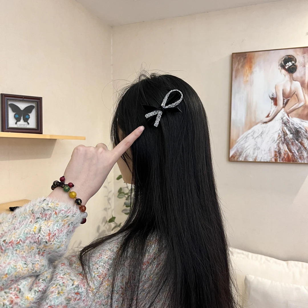 水钻交叉蝴蝶结鸭嘴夹高级感水钻侧边夹小香风刘海夹