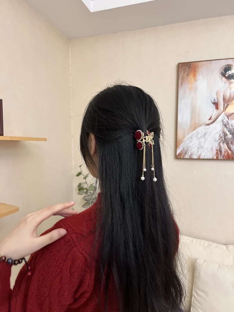 【甄选】铁合金仿珍珠发饰 满天星优雅复古红玫瑰樱桃流苏抓夹