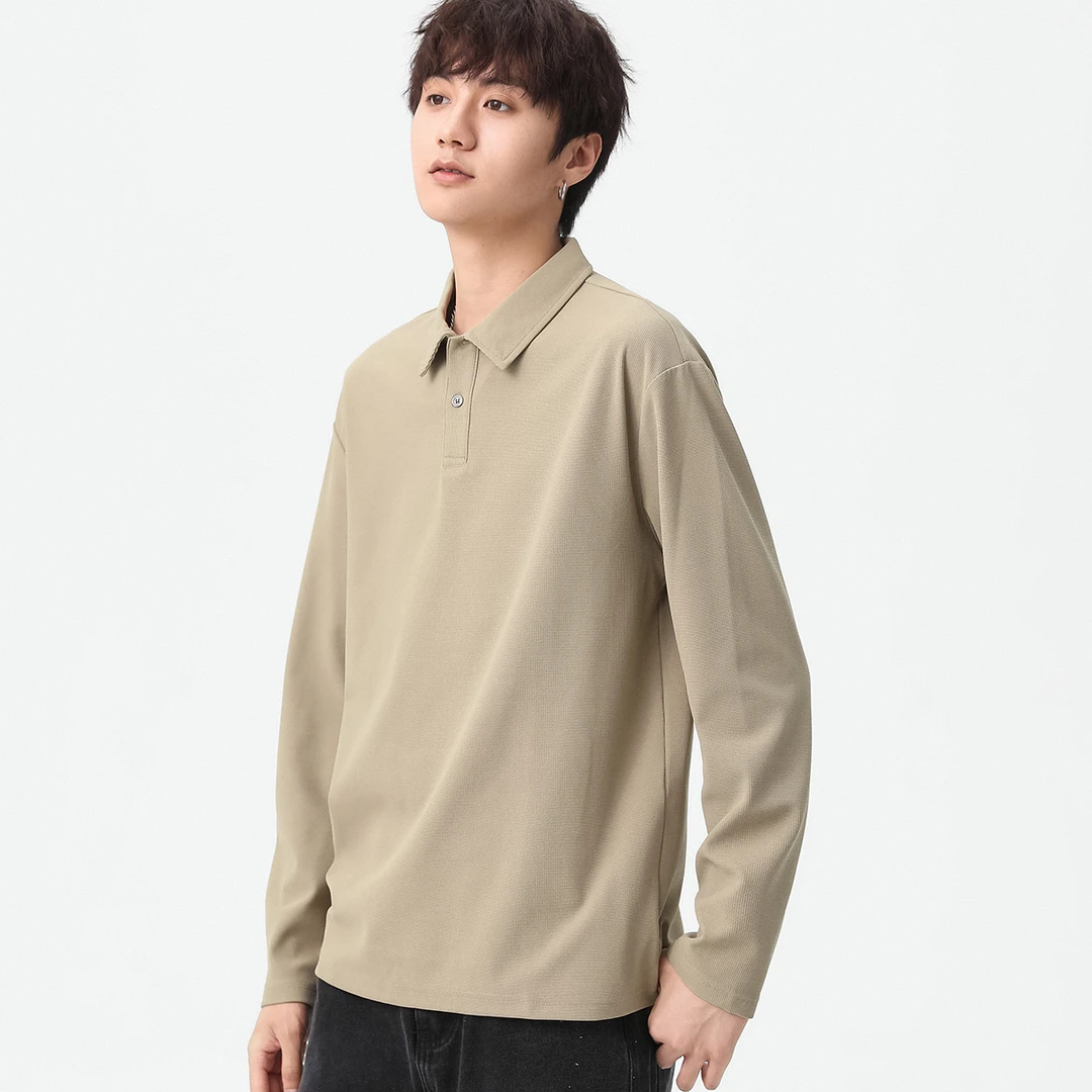 布衣传说 重磅华夫格 秋季polo领长袖t恤男款宽松纯色上衣打底衫