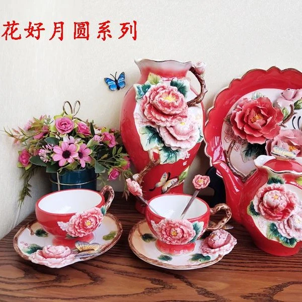 纯手绘真金描边陶瓷红牡丹花大花瓶中式茶壶挂盘咖啡杯碟家用茶具