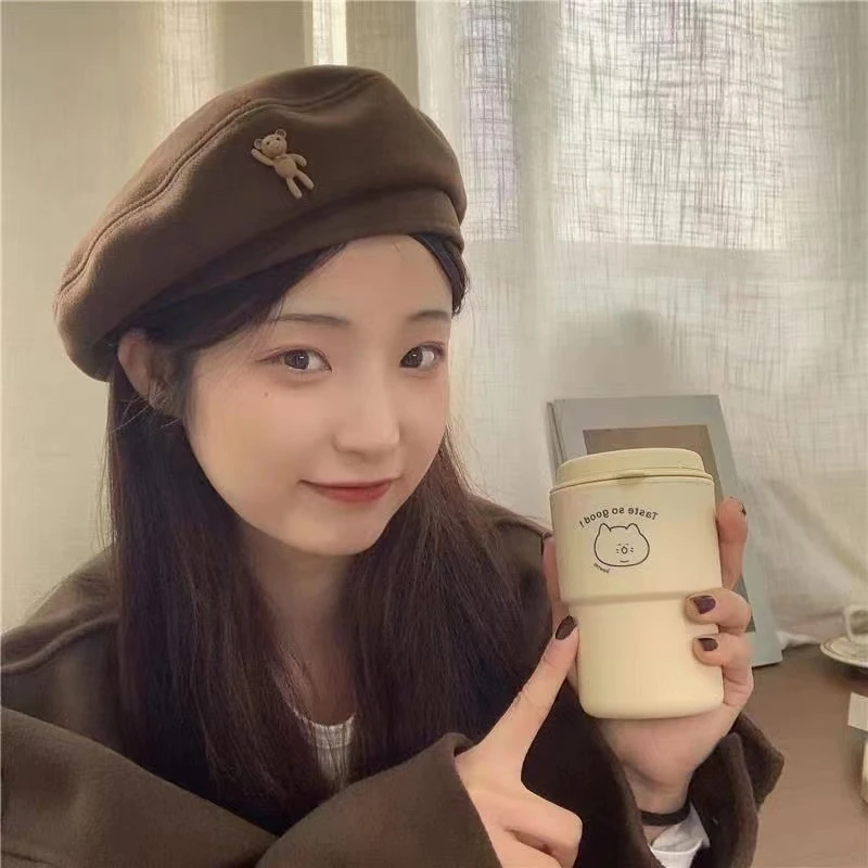 网红时尚百搭气质出街日系风画家显脸小可爱小熊卡通标贝雷帽女