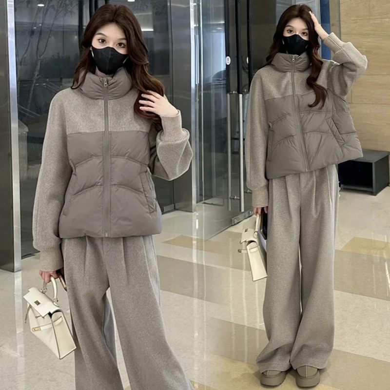 时尚休闲套装女2024冬季新款洋气显瘦拼接棉服阔腿裤保暖两件套