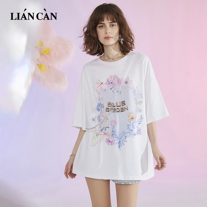 莲灿2025春夏新少女风小众印花烫钻有飘带短袖T恤71AN311002宽松
