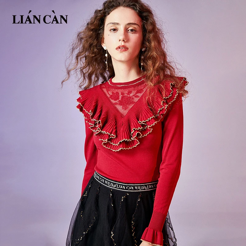 莲灿2025秋冬新商场荷叶边蕾丝刺绣打底衫套头针织衫女7121133002