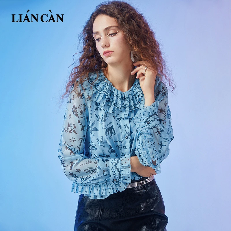 莲灿2023春季新气质修身花边领国风印花雪纺长袖衬衫 7121418002