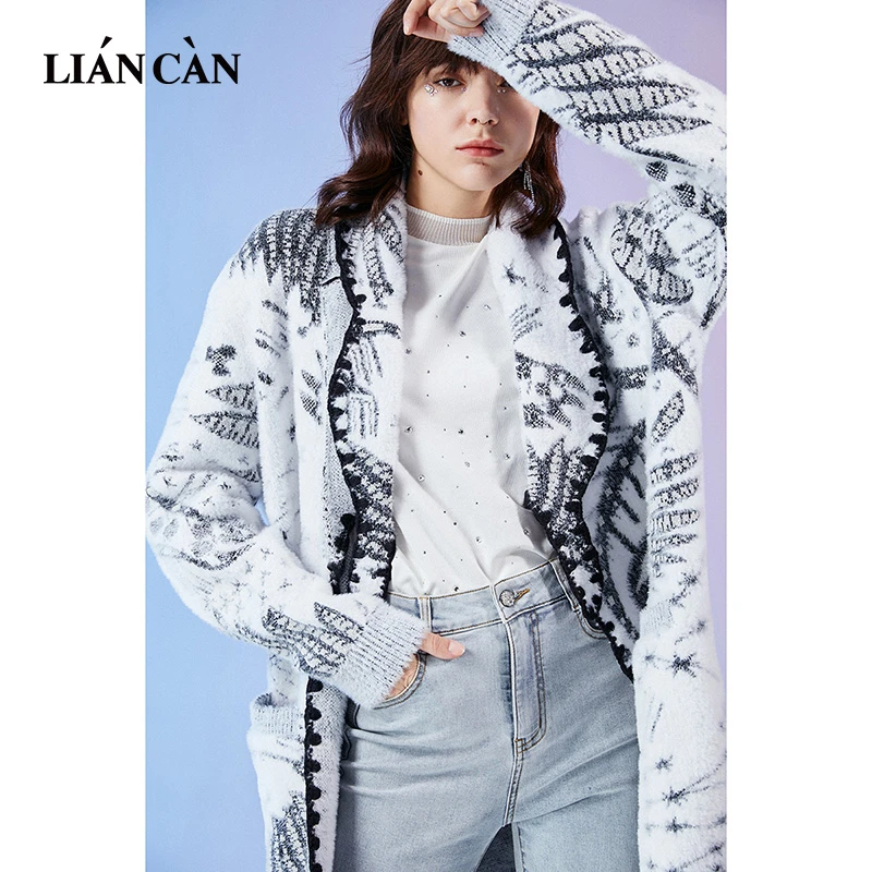 【莲灿】2025年风提花休闲宽松花边翻领提花针织开衫 7121432004