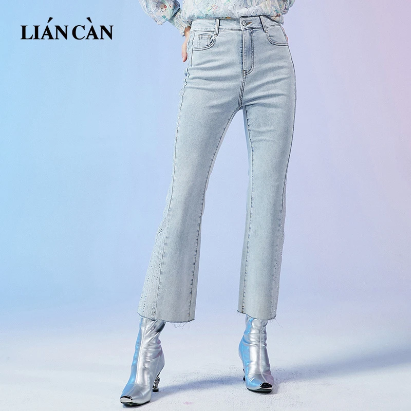 莲灿2025年显瘦百搭烫钻毛边复古微喇牛仔长裤7121345006